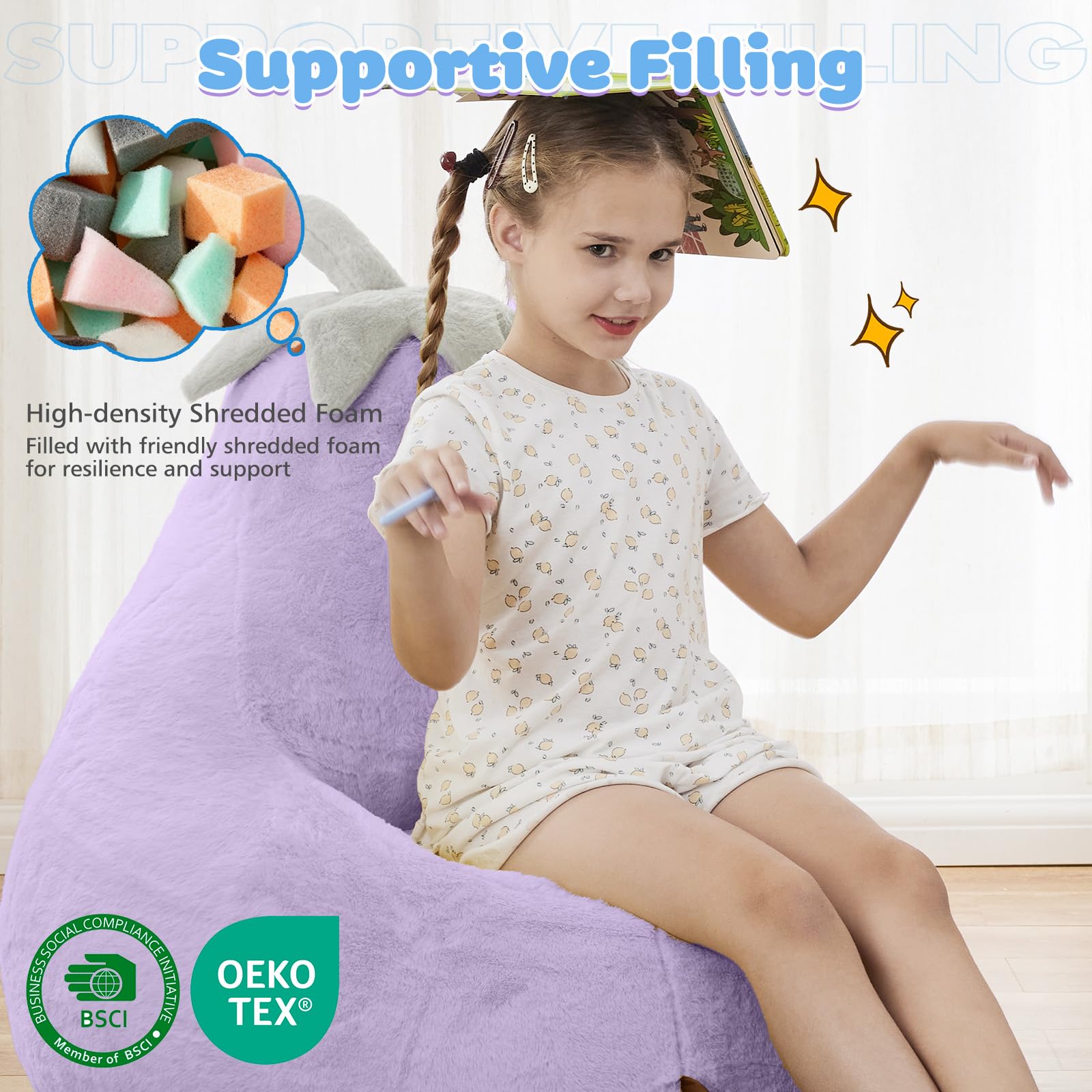 DUMOS shredded foam filling contouring to child's body for support