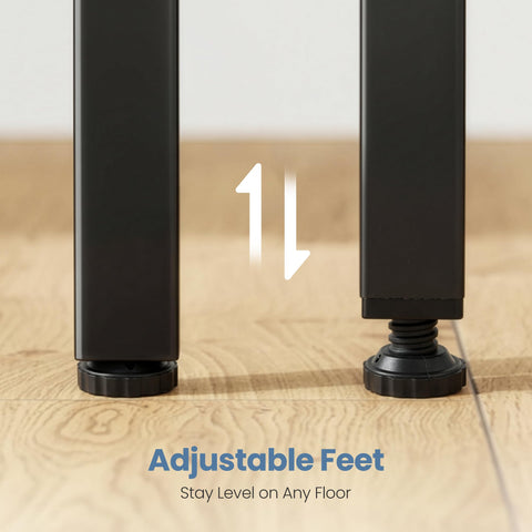 DUMOS L-shaped desk 39in with adjustable feet levels on uneven floors.