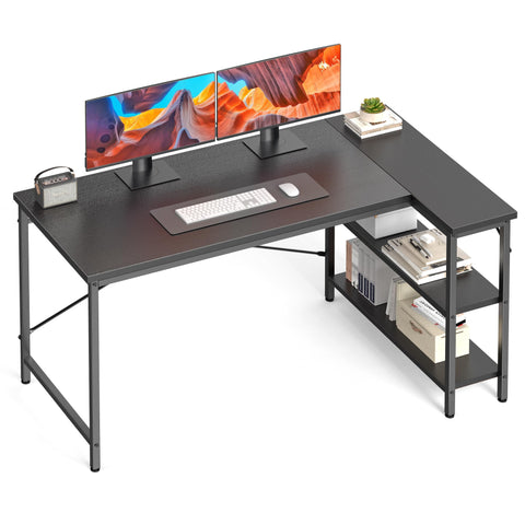 DUMOS L-shaped desk 39in during assembly for quick setup and customization.