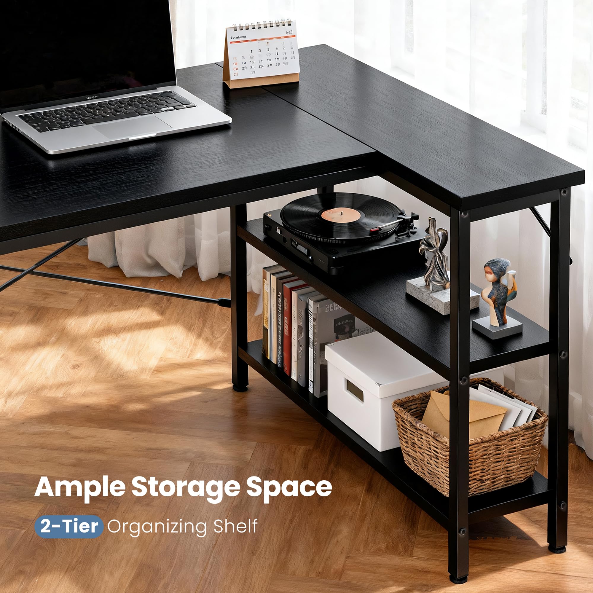 DUMOS L-shaped desk 39in showcases 3-tier shelving for organized study materials.