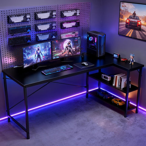 DUMOS L-shaped desk supports multi-monitor setups and gaming gear.