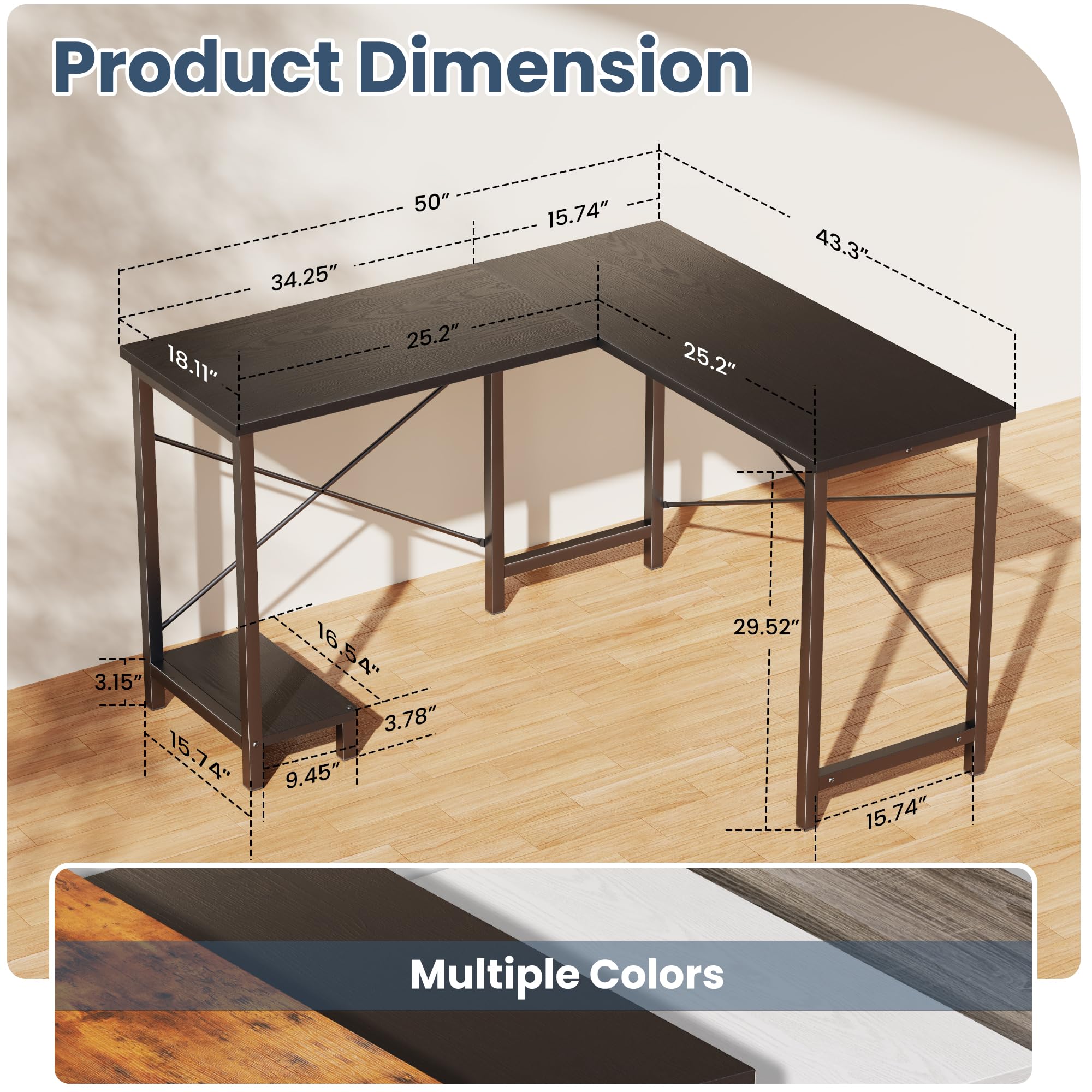 DUMOS L-Shaped Desk with right-side reversible CPU shelf for flexible layout