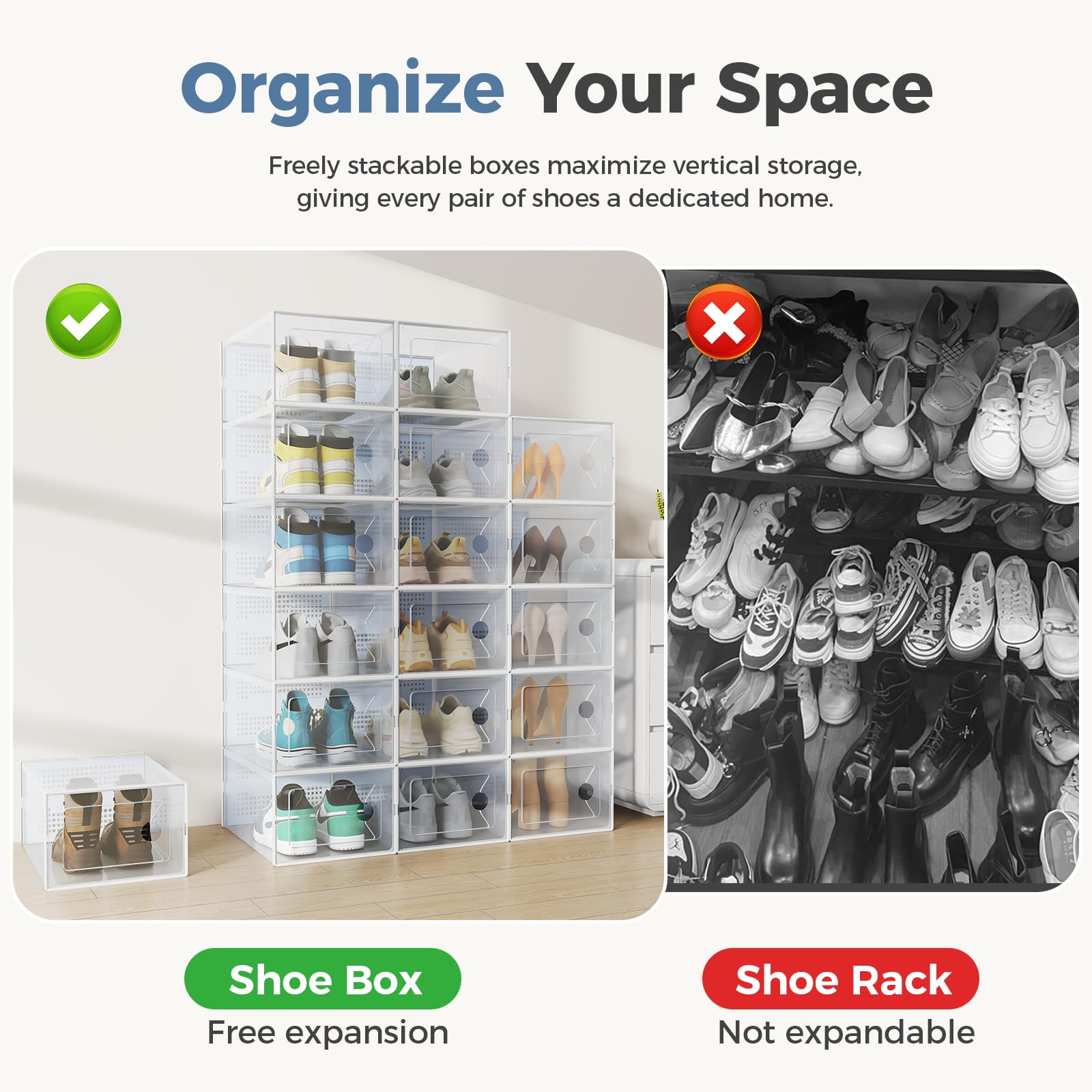 DUMOS large shoe box shows contents at a glance, fits US size 9 shoes.