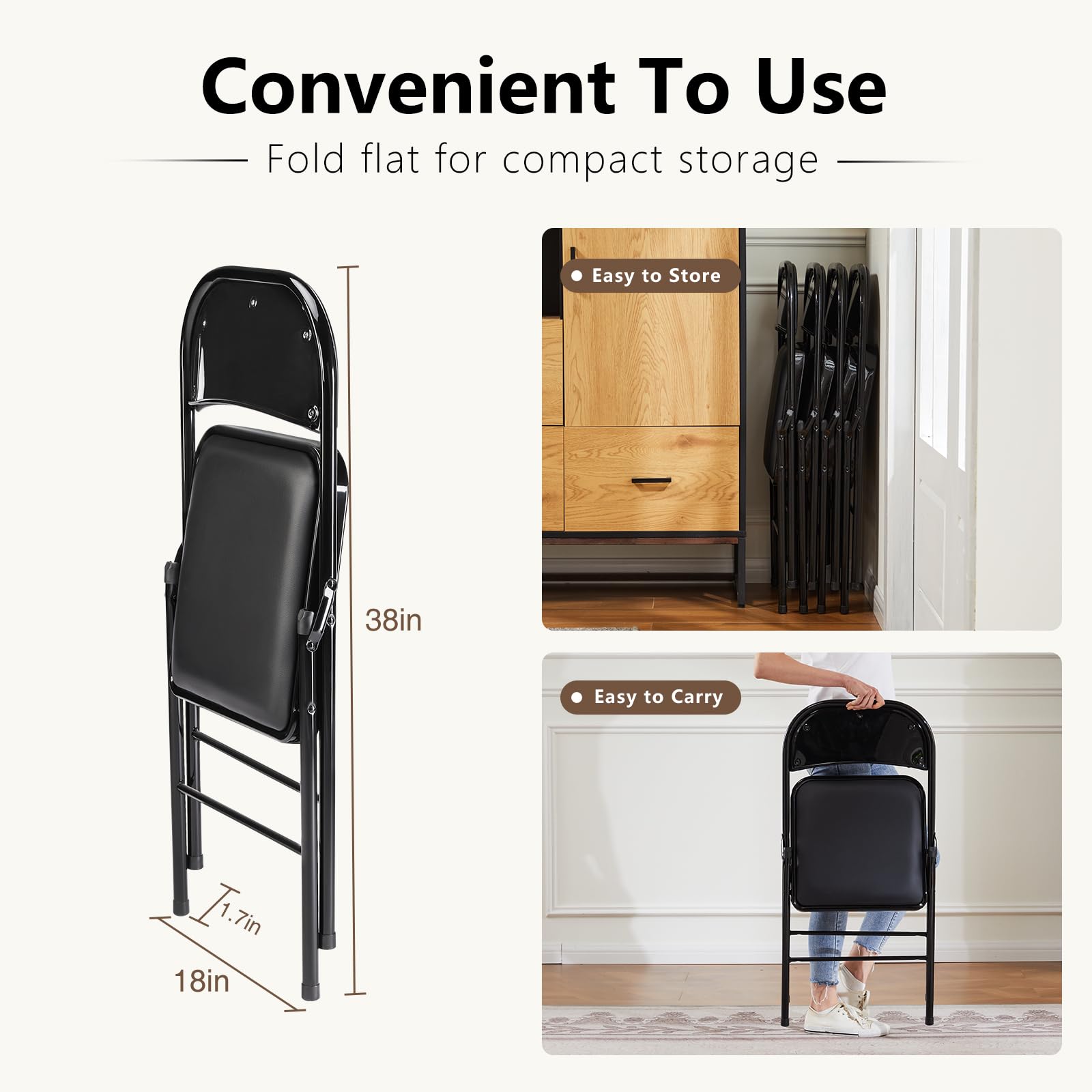 DUMOS leather-padded folding chair seat detail highlights plush cushioning and durable upholstery