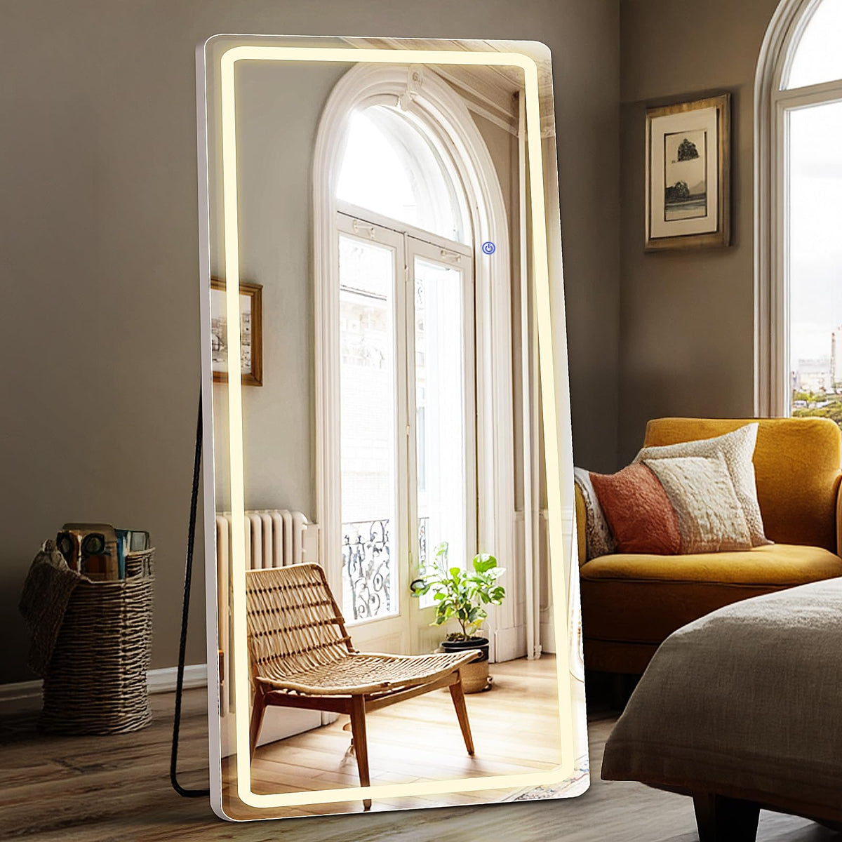 DUMOS LED full-length mirror front view with three lighting modes for makeup accuracy
