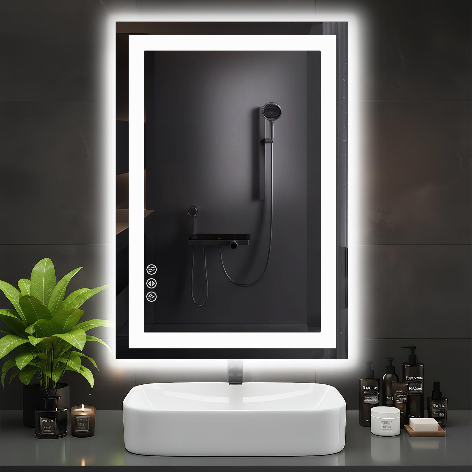 DUMOS LED mirror with front light for enhanced grooming and adjustable brightness