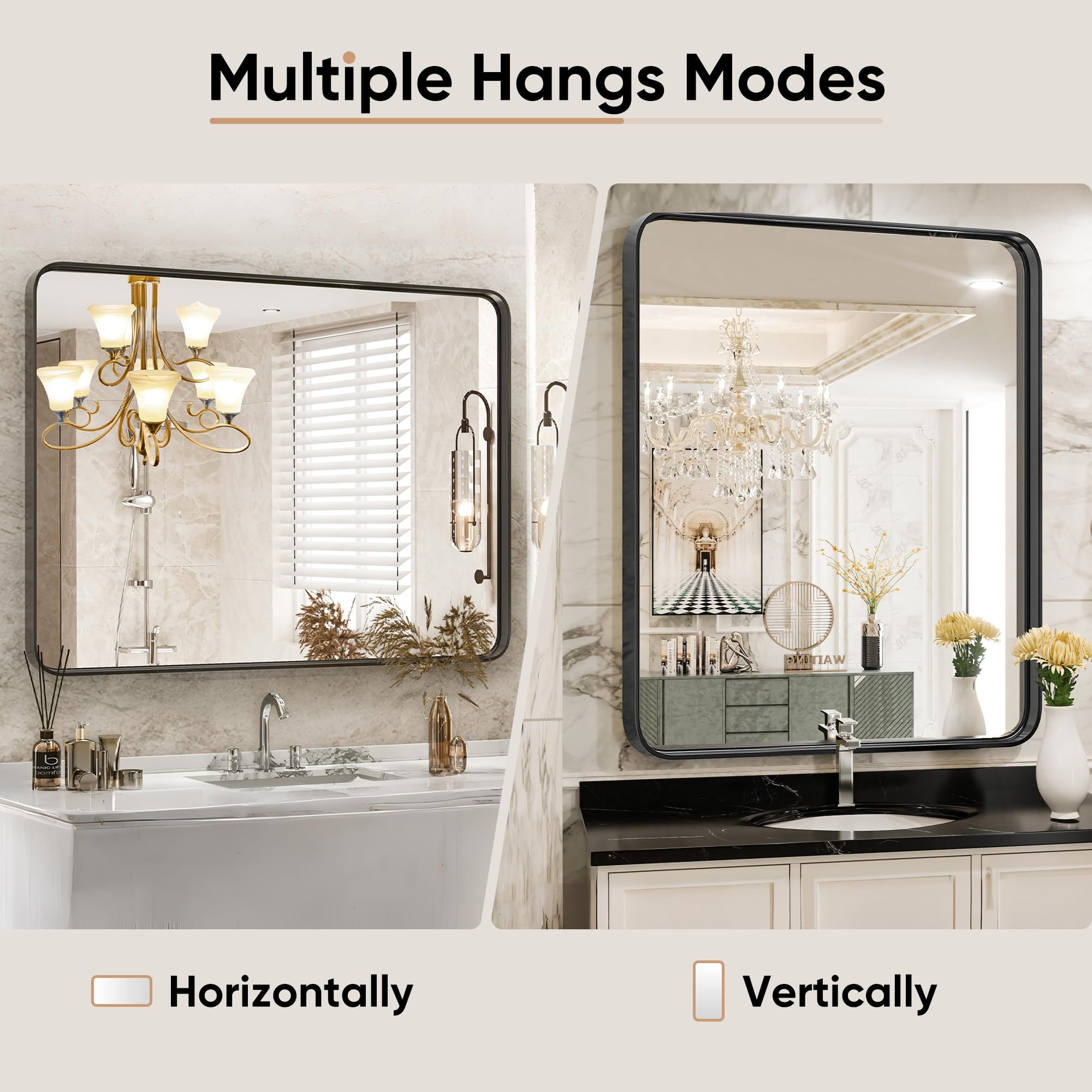 DUMOS vertical mount option with black metal frame in a farmhouse bathroom