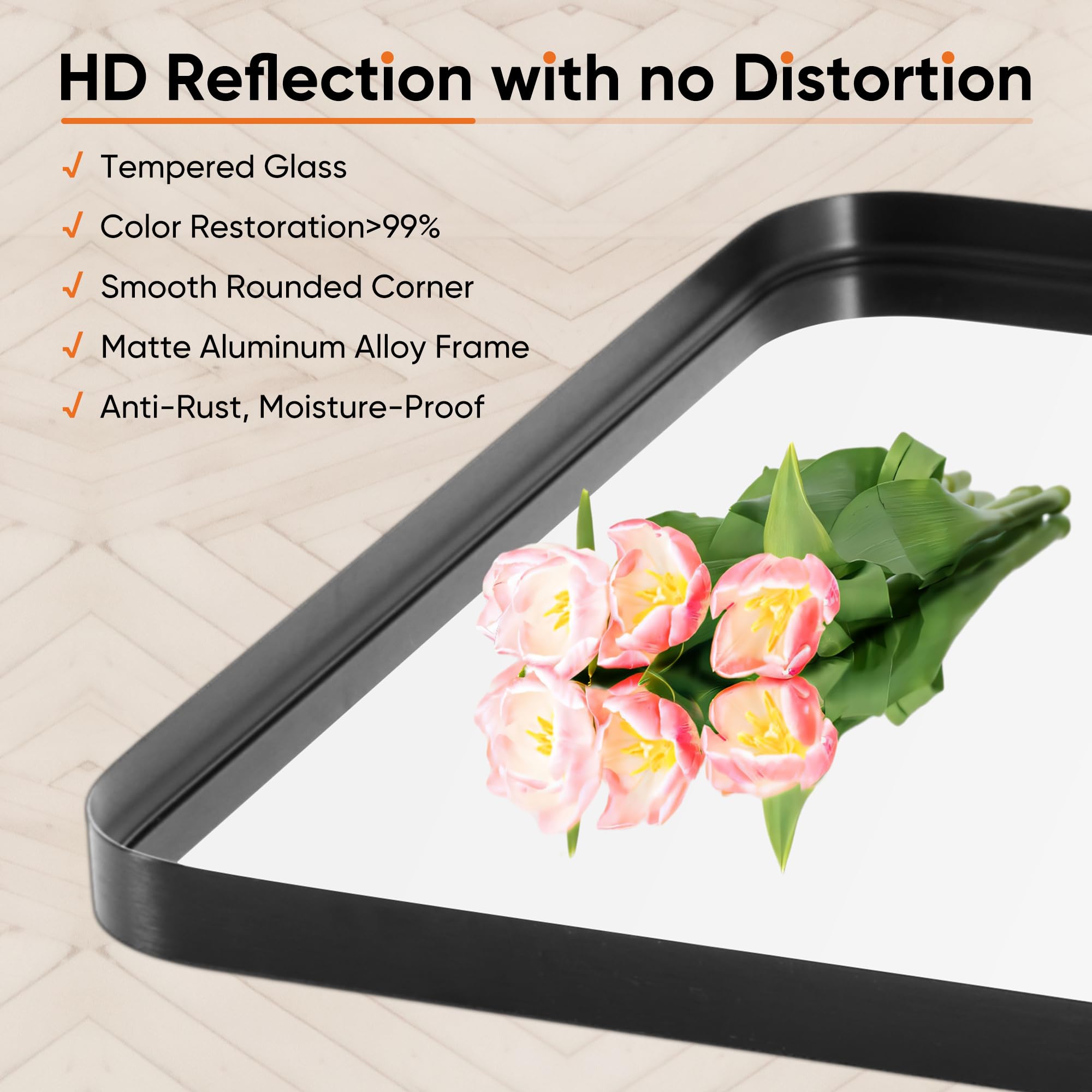 DUMOS metal frame mirror with matte finish complements farmhouse decor.