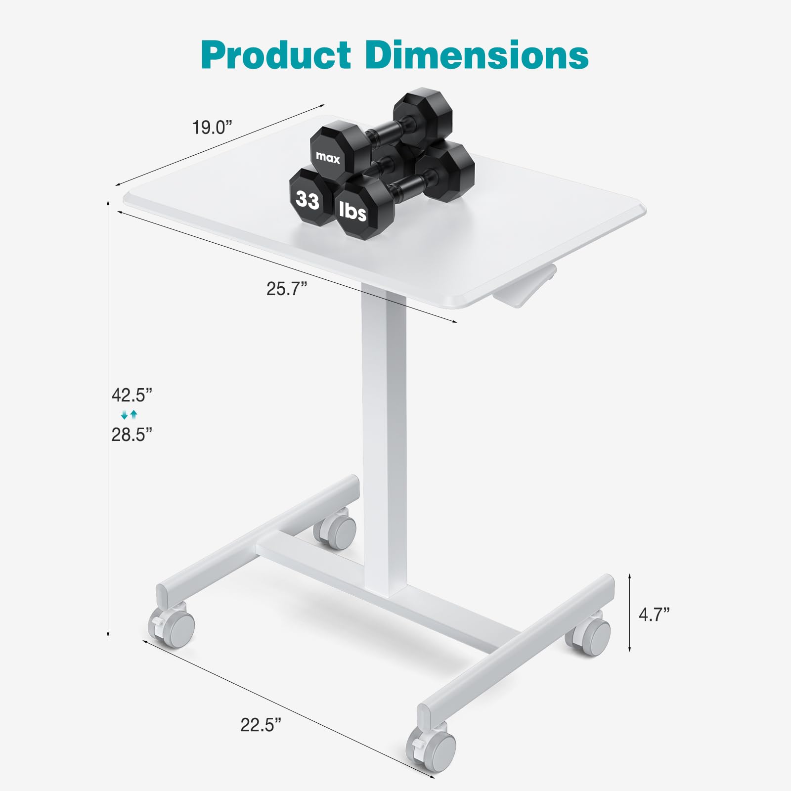 DUMOS standing desk on wheels, side angle, easy relocation around a room