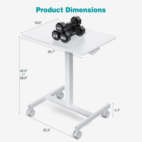 DUMOS standing desk on wheels, side angle, easy relocation around a room