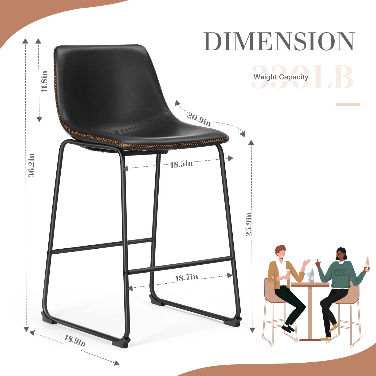 DUMOS modern faux leather bar stool in black with ergonomic backrest.