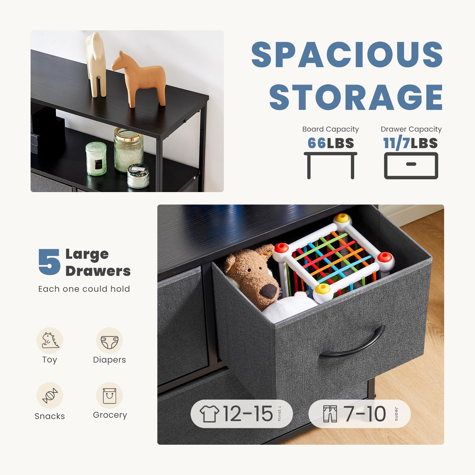 DUMOS multi-purpose dresser functioning as TV stand and storage in small spaces