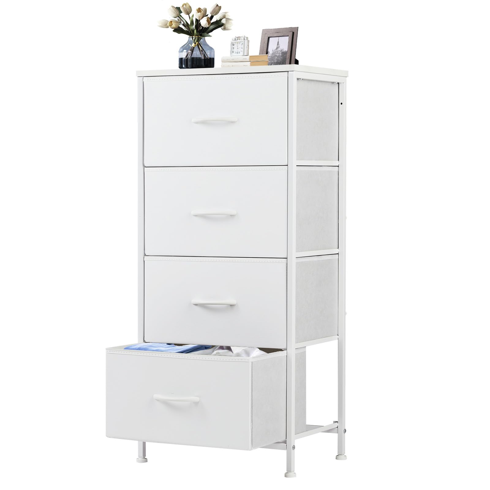 DUMOS nightstand with four drawers and wood top for organized bedside storage.