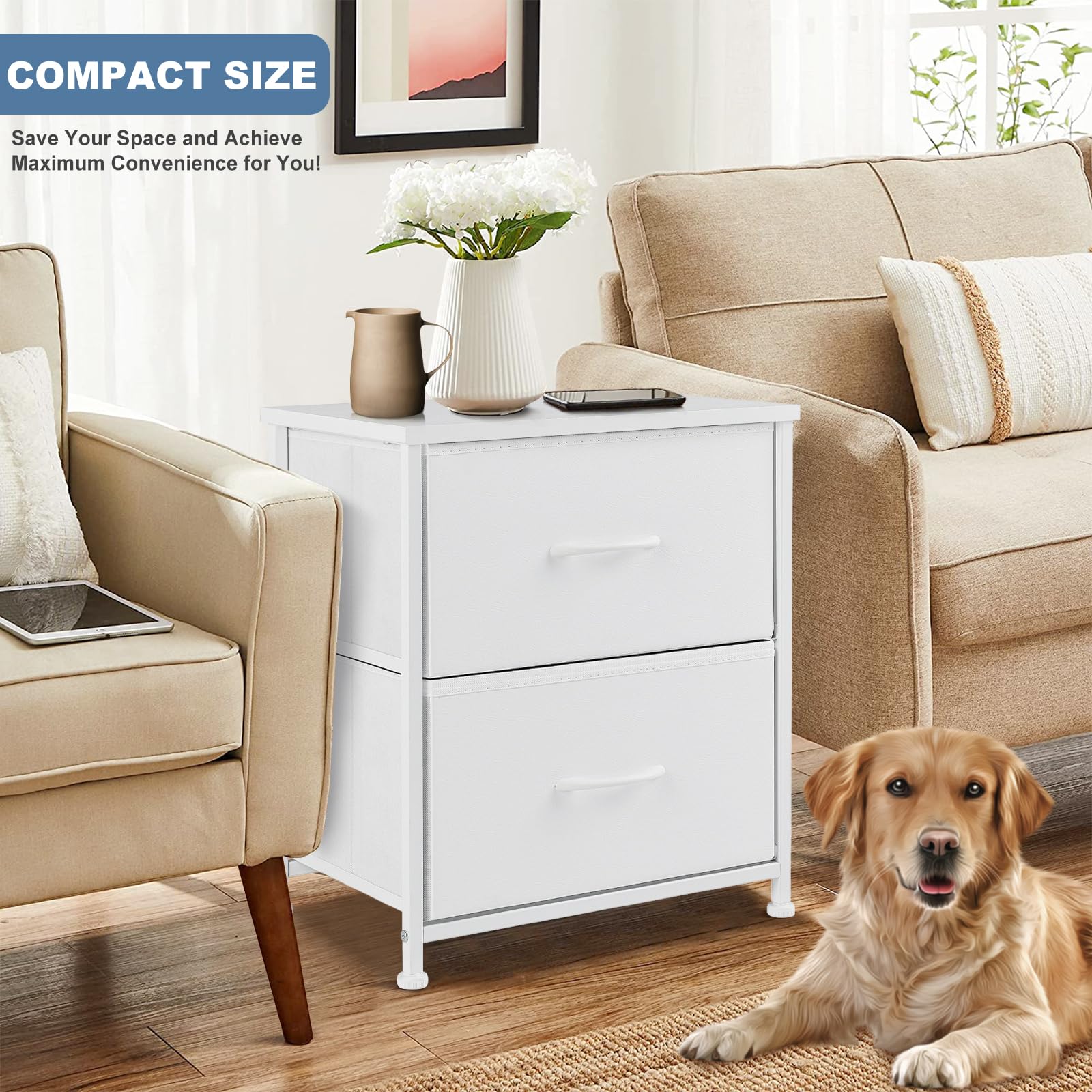 DUMOS nightstand compact design ideal for small rooms like dorms and apartments.