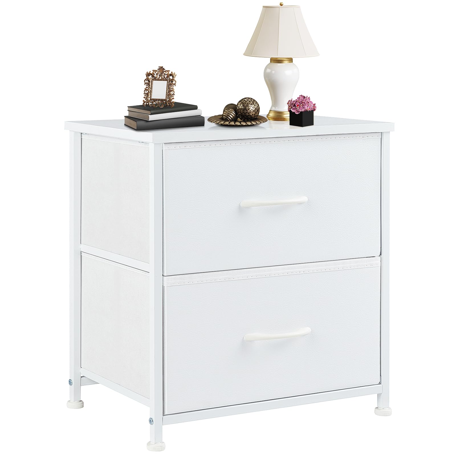DUMOS nightstand with wood top and fabric drawers for organized bedside storage.