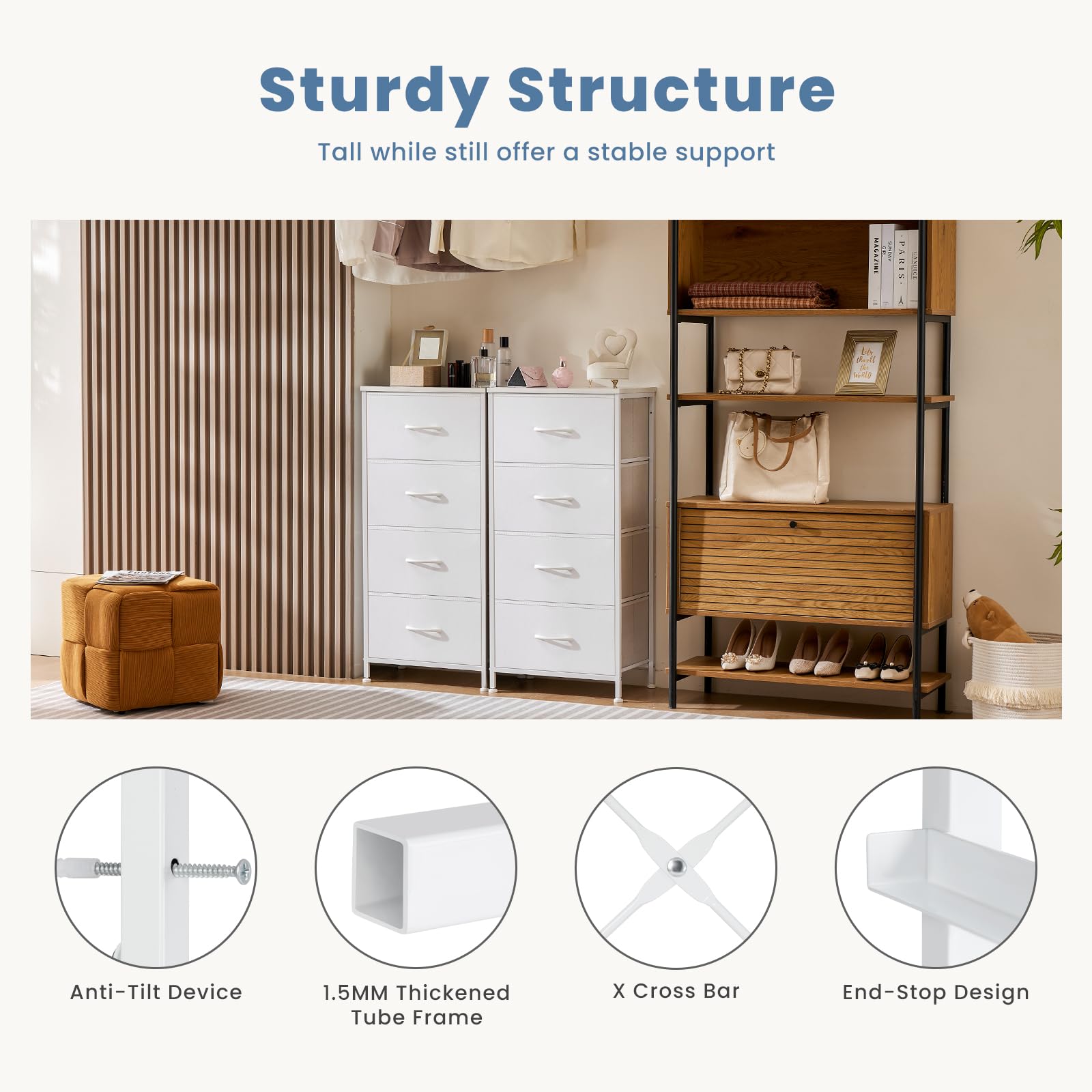 DUMOS nightstand featuring sturdy steel frame for durable bedroom organization.