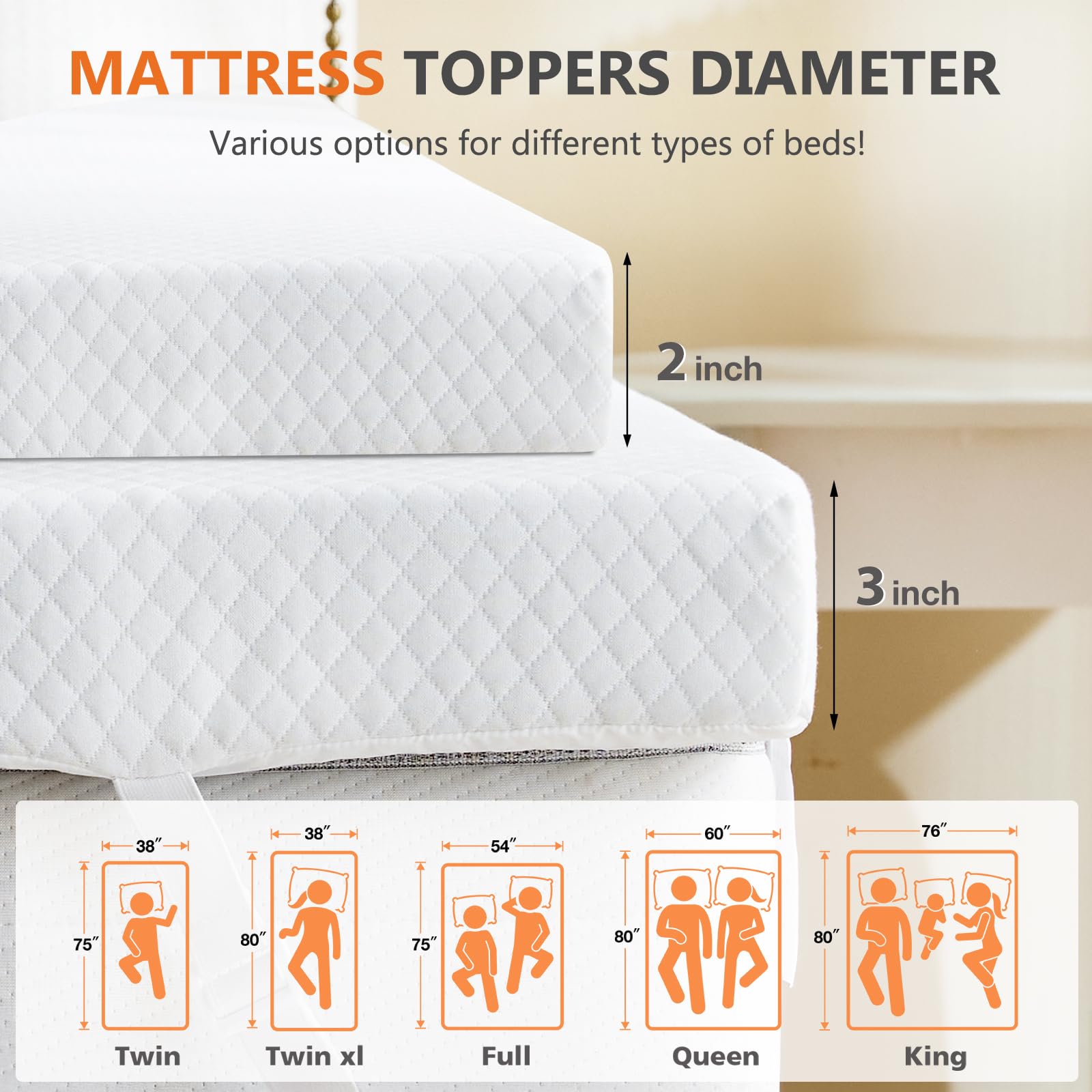 DUMOS non-slip backing with elastic straps keeps topper secure.