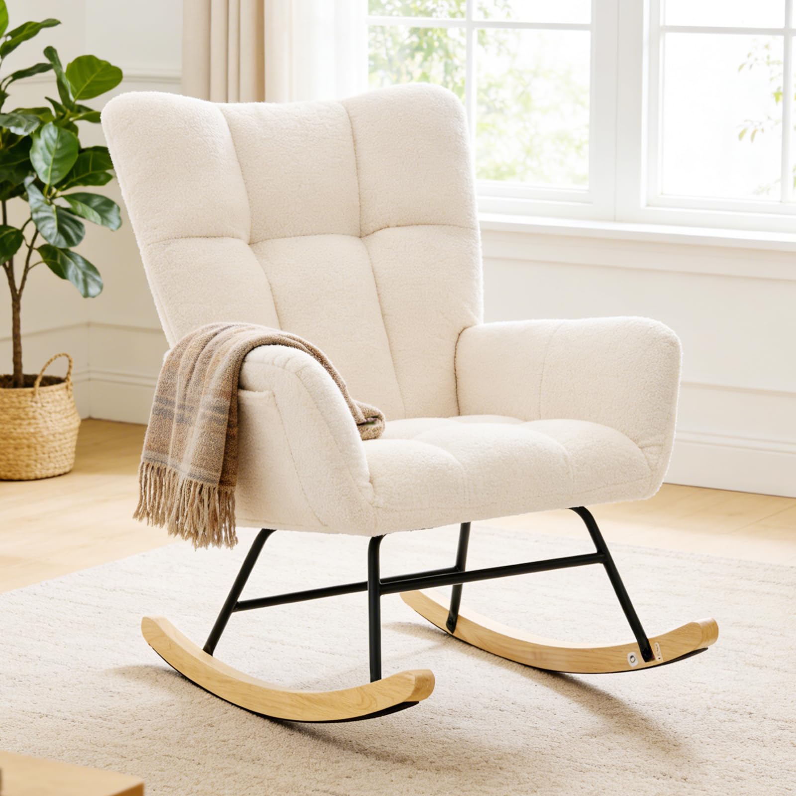 DUMOS nursery rocking chair with teddy fabric close-up for plush comfort.