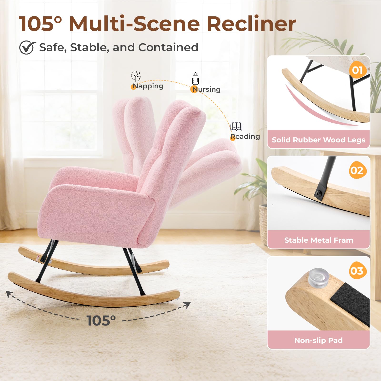 DUMOS teddy pink armrest closeup, plush fabric for skin-friendly comfort.