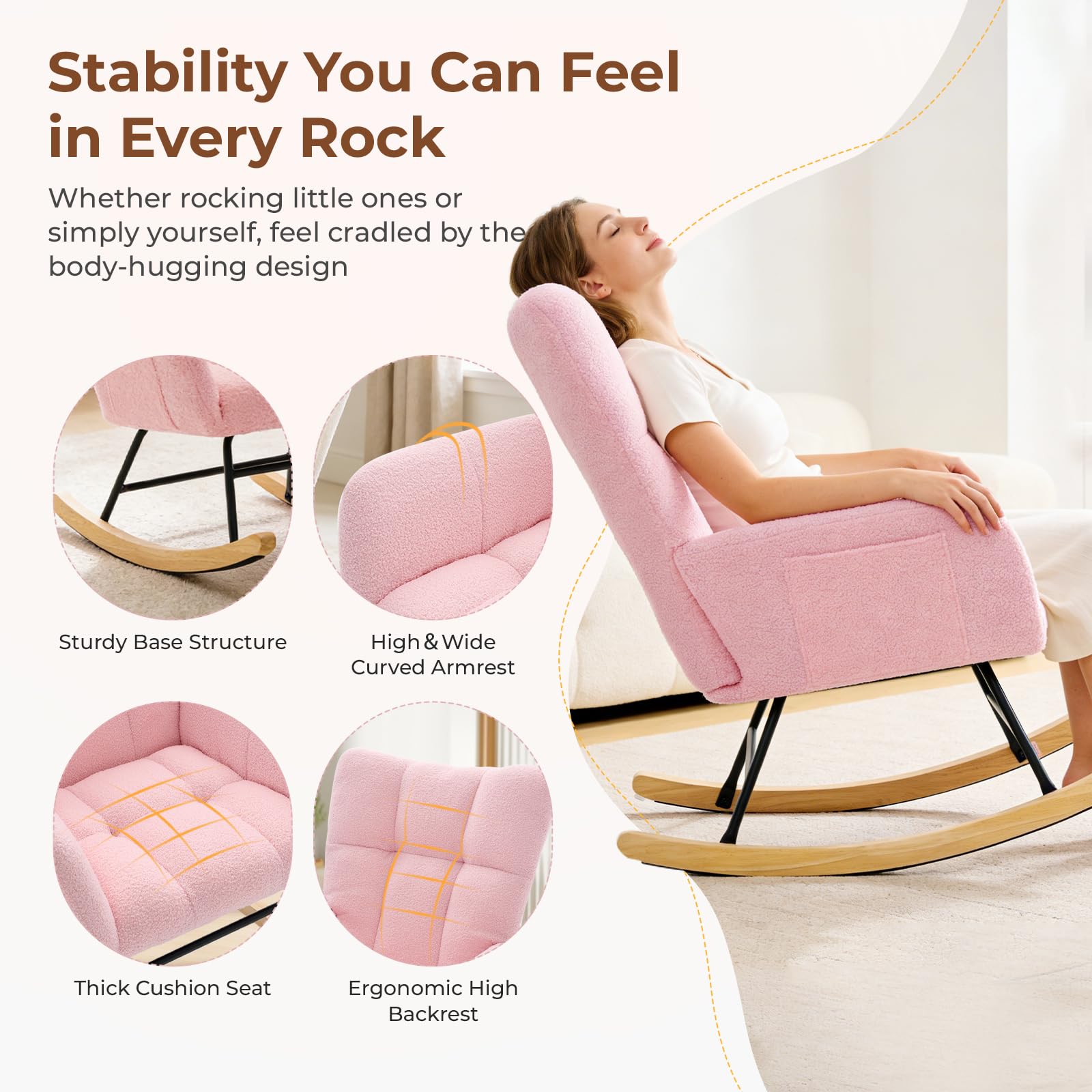 DUMOS teddy pink backrest detail, ergonomic support for relaxed posture.