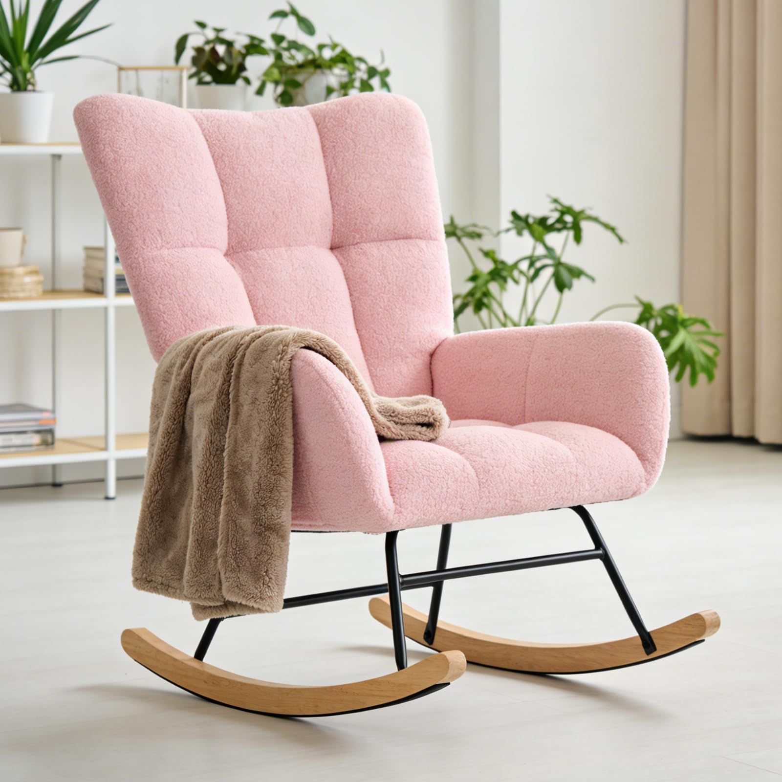 DUMOS teddy pink nursery rocking chair, front view, inviting plush comfort.