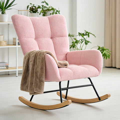 DUMOS teddy pink nursery rocking chair, front view, inviting plush comfort.