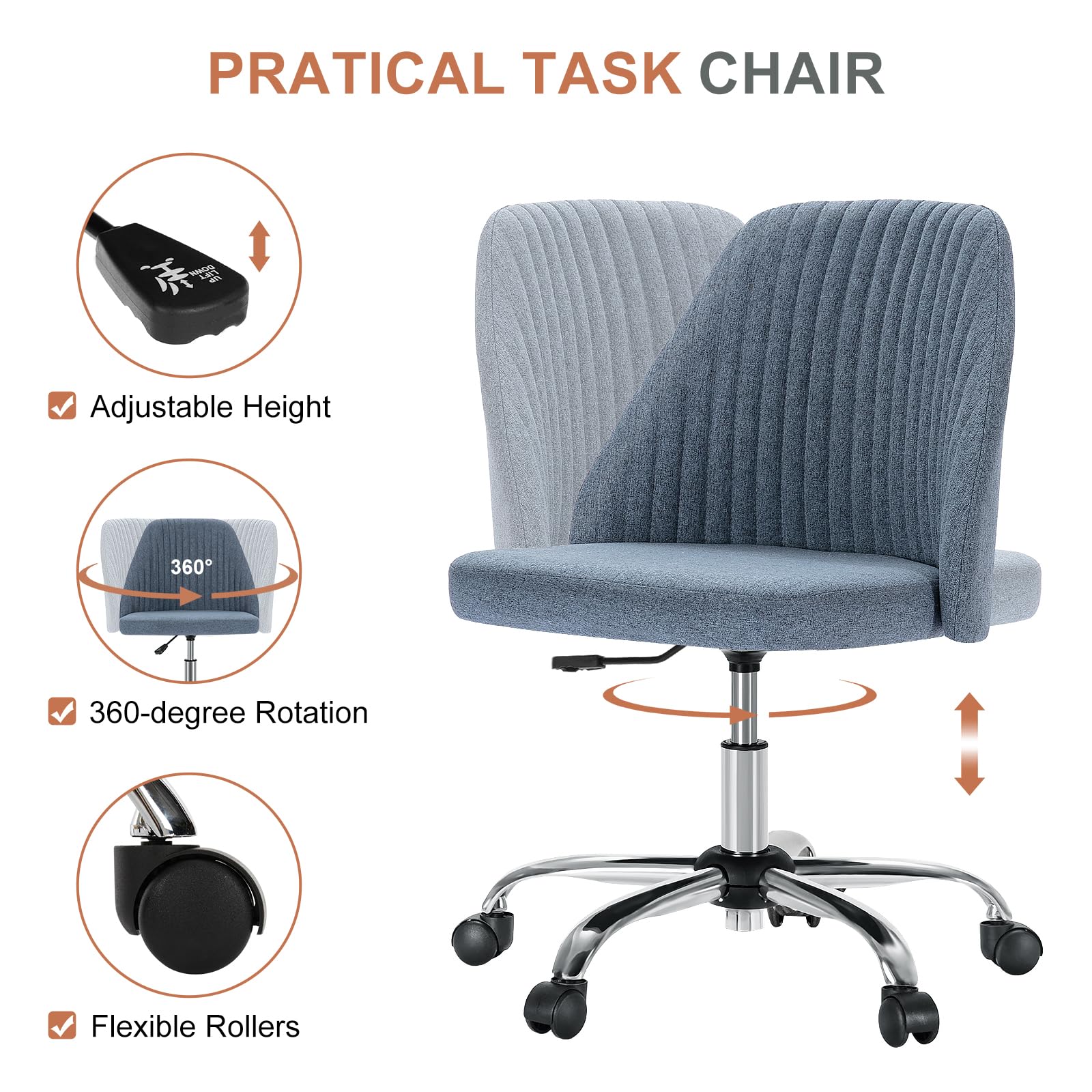 DUMOS 360 swivel chair with silent wheels for smooth movement across rooms.