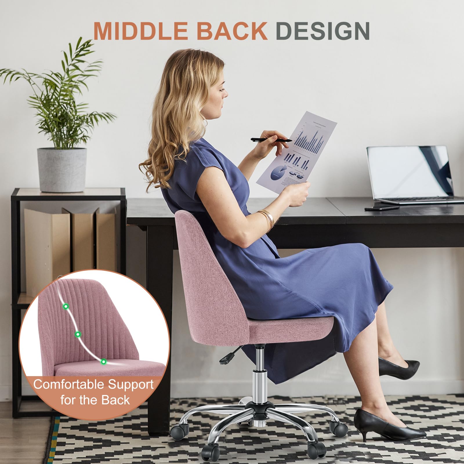 DUMOS Office Chair blush side view for versatile vanity and desk seating at home.