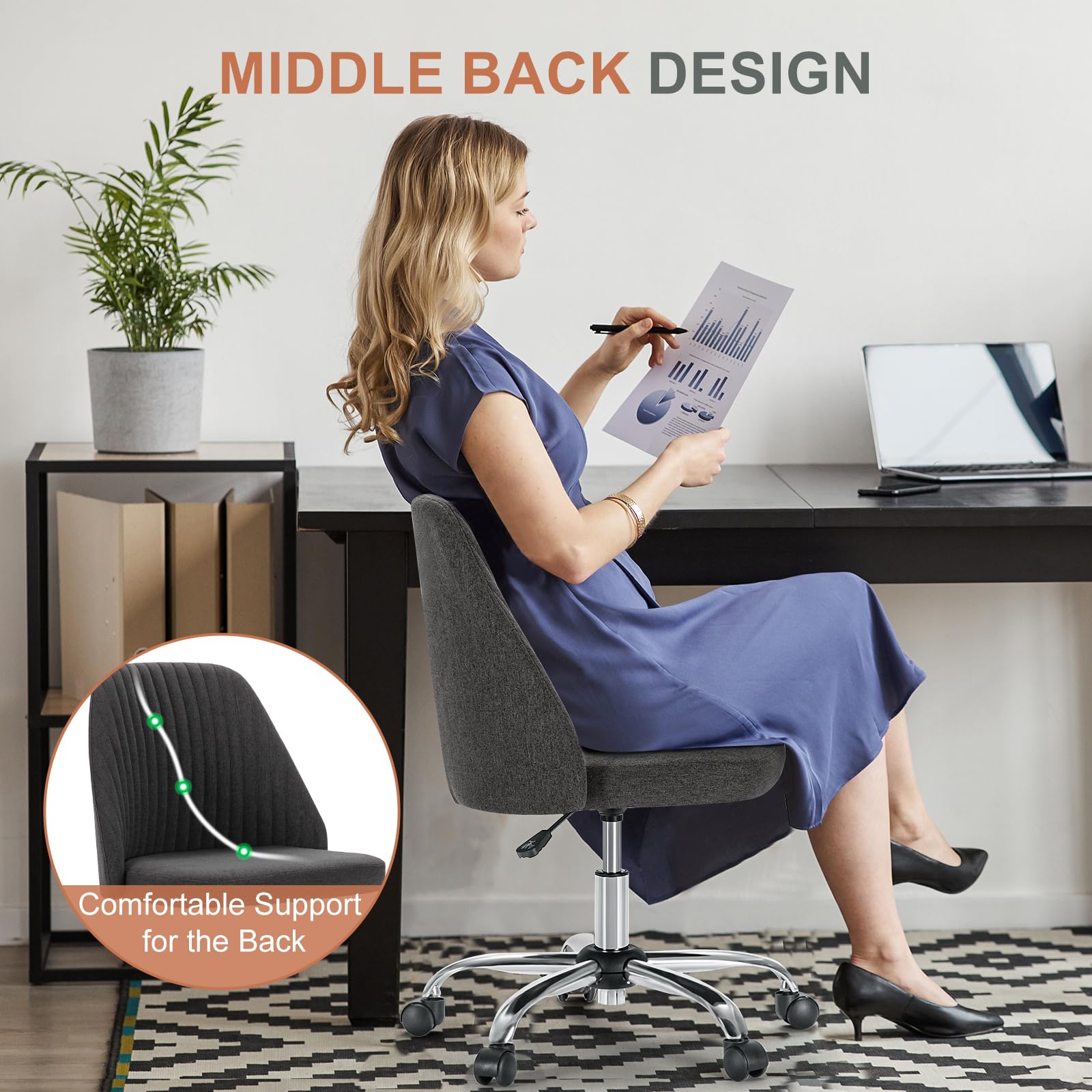 DUMOS chair showing height adjustment for personalized desk fit.