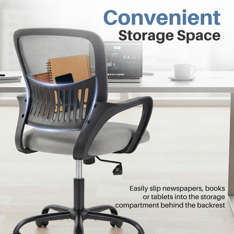 DUMOS office chair shows height adjustment to fit desks and users.