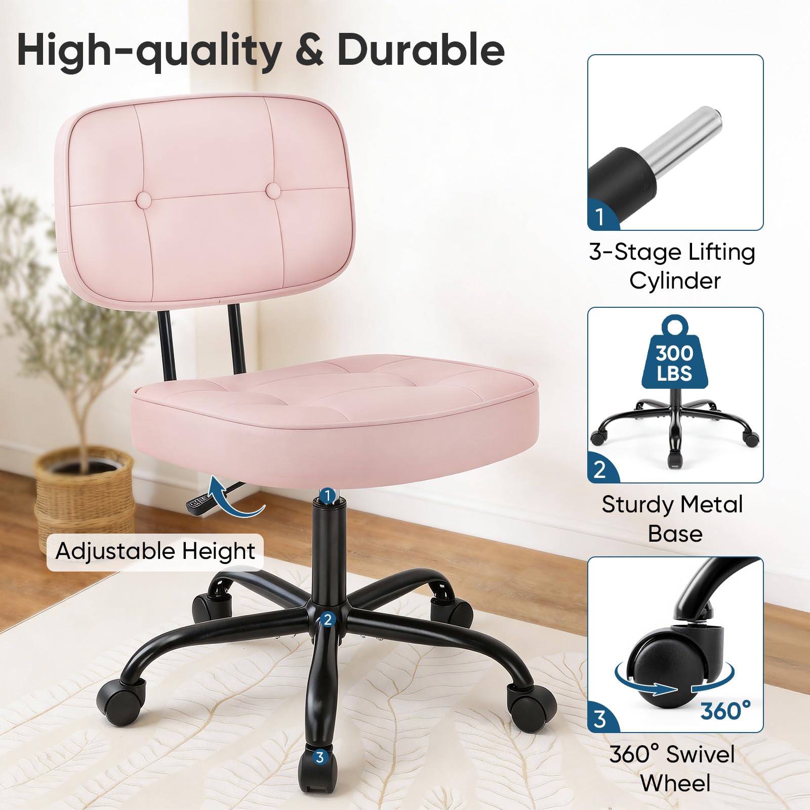 DUMOS pink armless desk chair saves space in tight rooms.