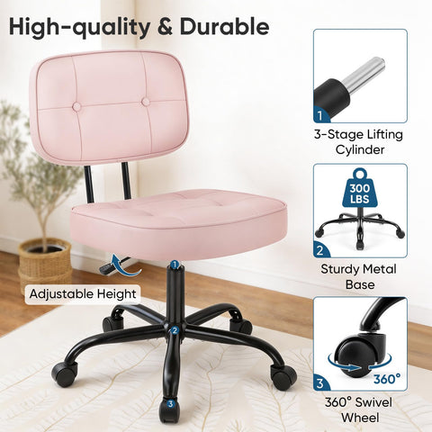 DUMOS pink armless desk chair saves space in tight rooms.