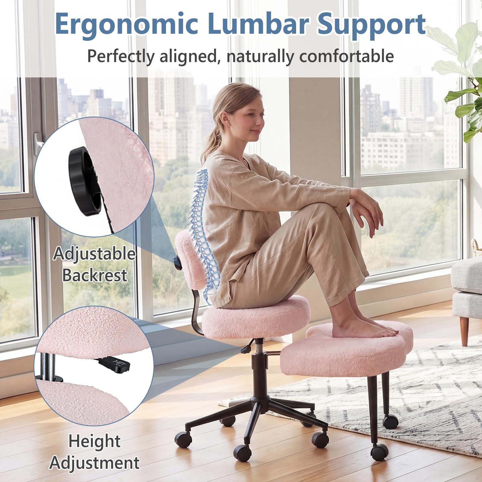 DUMOS pink cross-legged office chair showcases a vibrant workspace