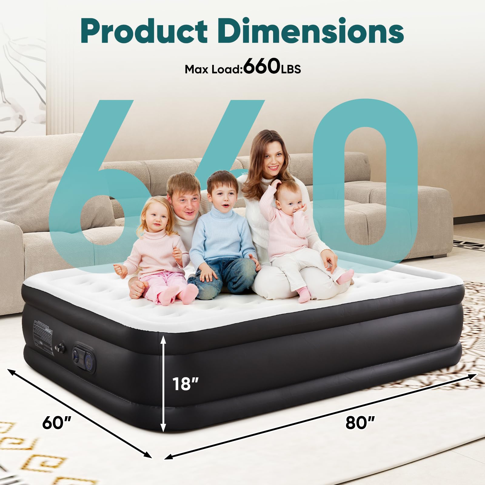 DUMOS built-in pump inflates quickly for queen and other sizes.