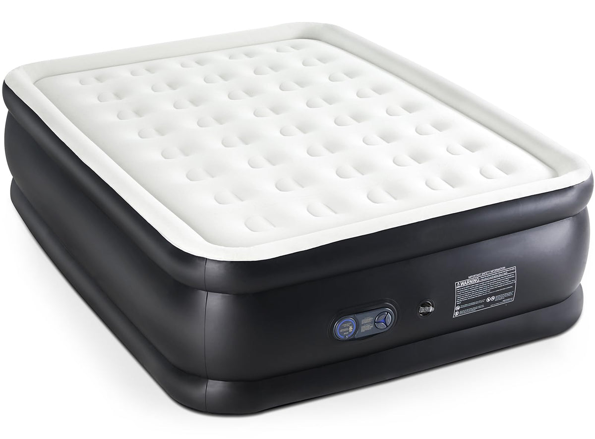 DUMOS Queen air mattress with built-in pump, quick inflation for guests.