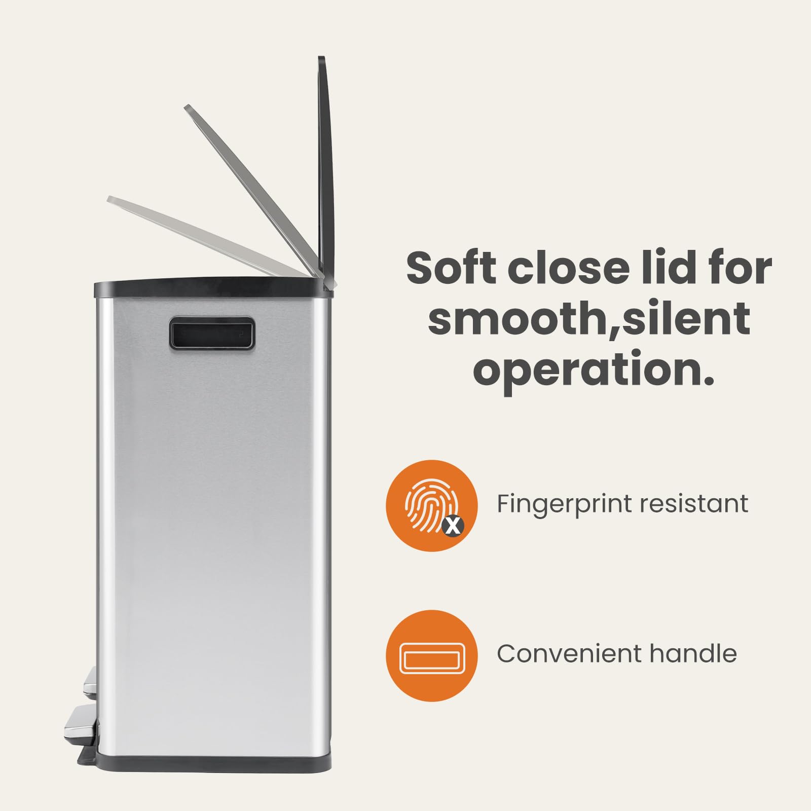 DUMOS dual-bin system with removable inner buckets simplifies sorting and cleaning.