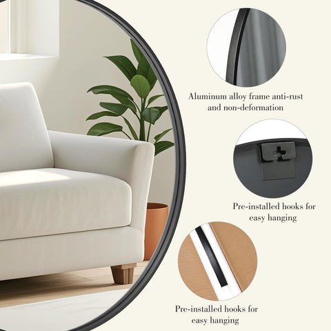 DUMOS round bathroom wall mirror adds sleek style and clear reflection.