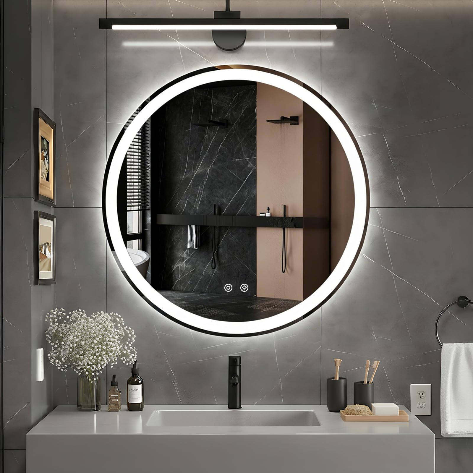 DUMOS round LED bathroom mirror with light ring for even illumination during makeup