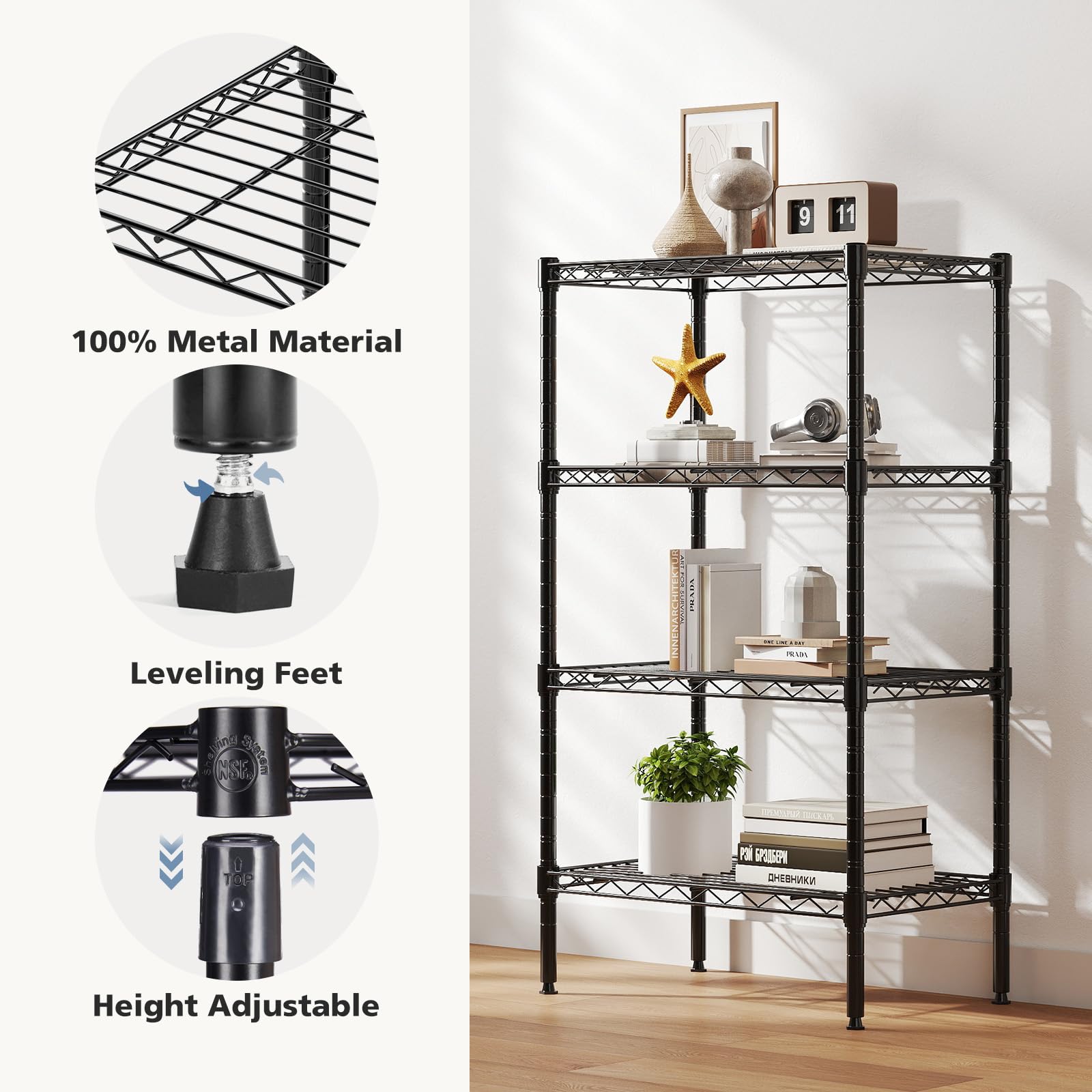 DUMOS shelf with adjustable tiers for versatile spacing and easy organization.
