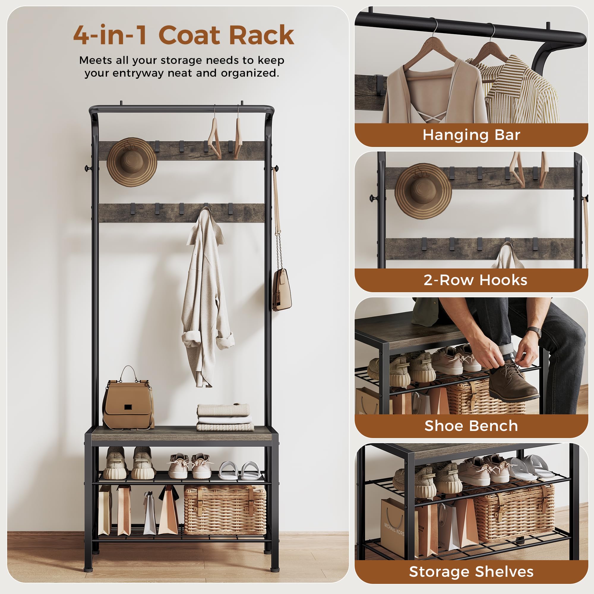 DUMOS shoe storage bench provides seating and footwear organization.