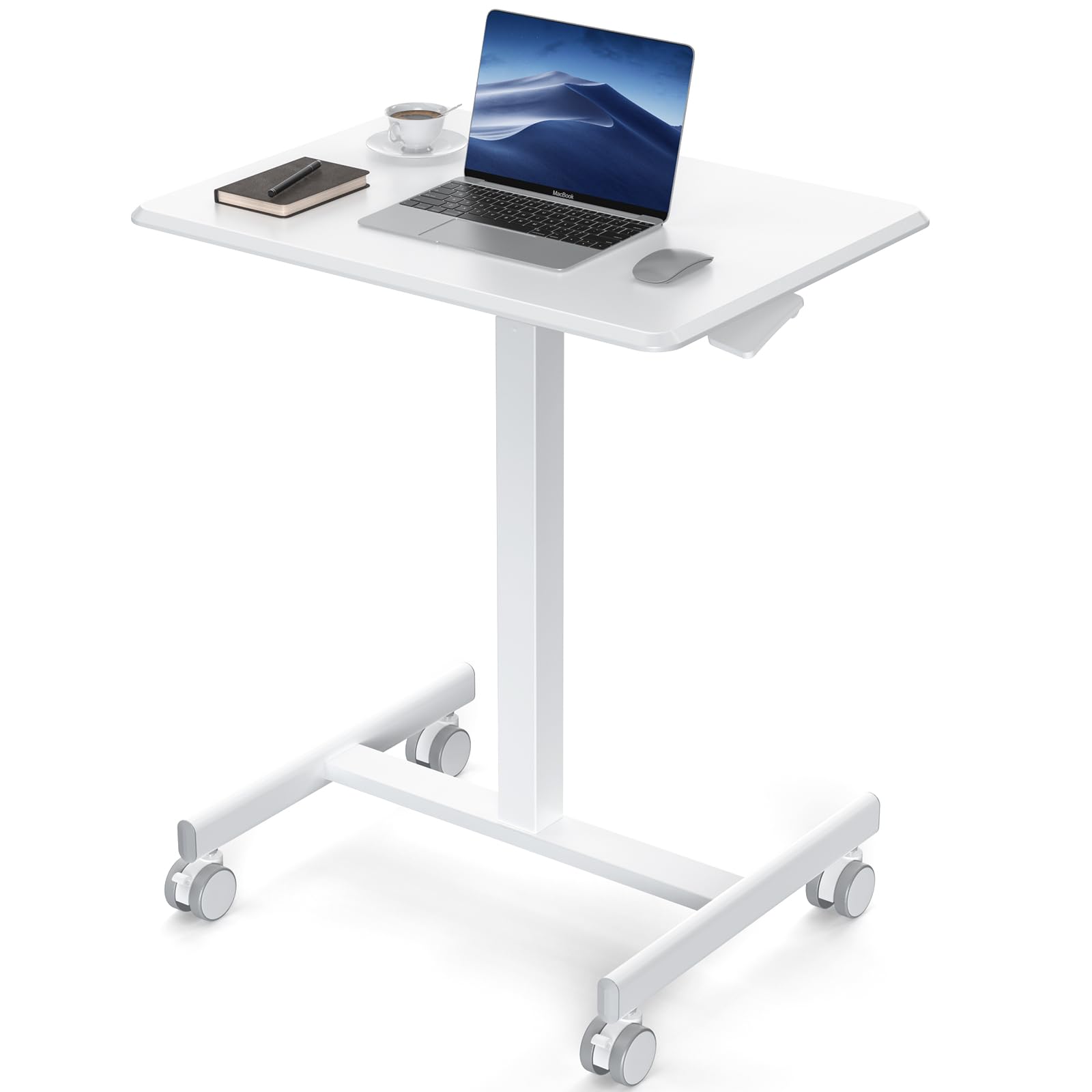 DUMOS small standing desk on wheels, front view, portable workspace for the home office