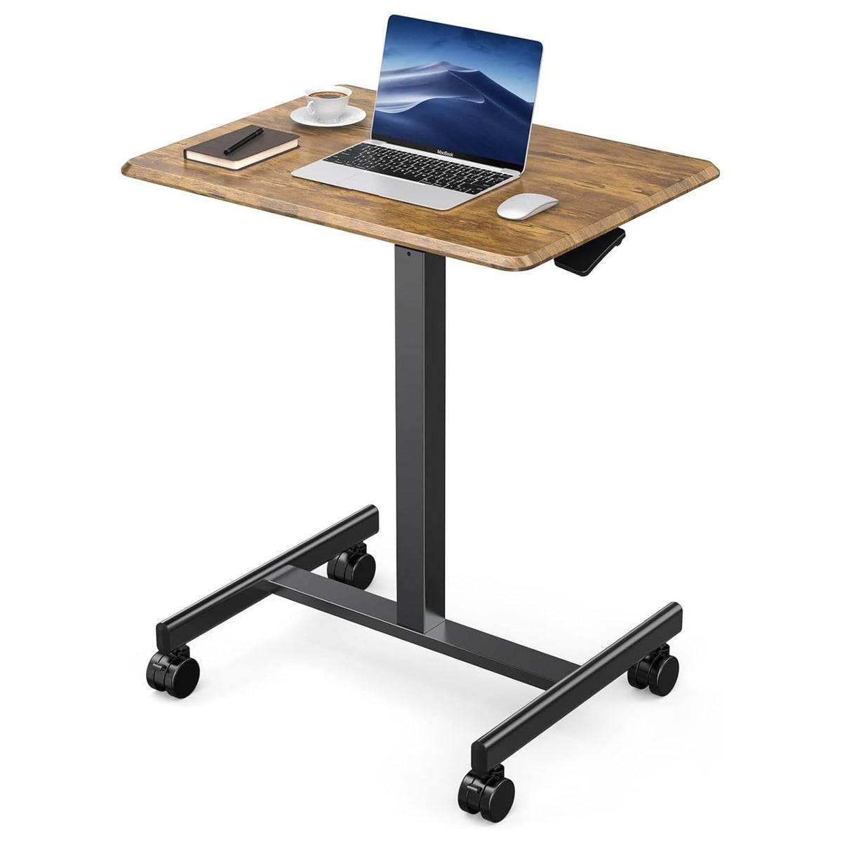 DUMOS small standing desk on wheels, side view, portable height adjustability for home office.