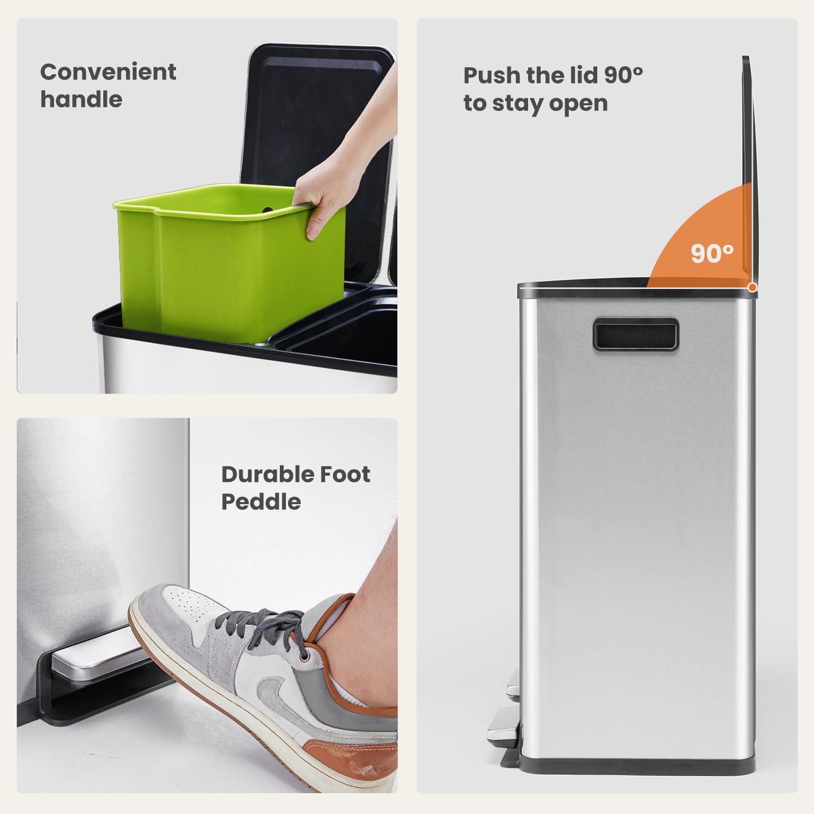 DUMOS stainless steel trash bin with soft-close pedal for quiet, hands-free lid operation.