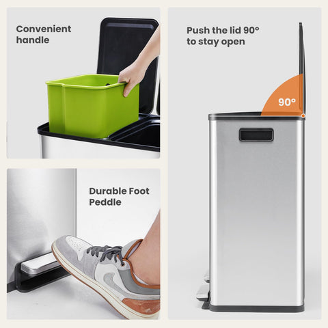 DUMOS stainless steel trash bin with soft-close pedal for quiet, hands-free lid operation.