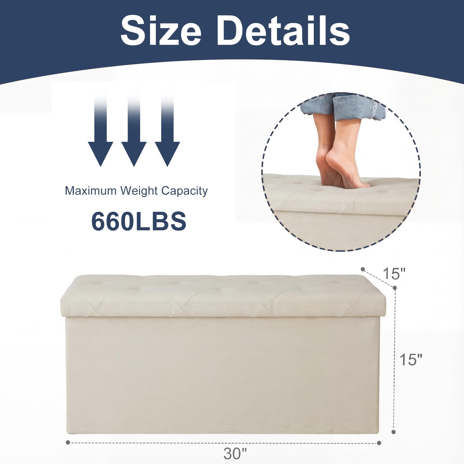 DUMOS storage ottoman bench supports heavy loads and durable design