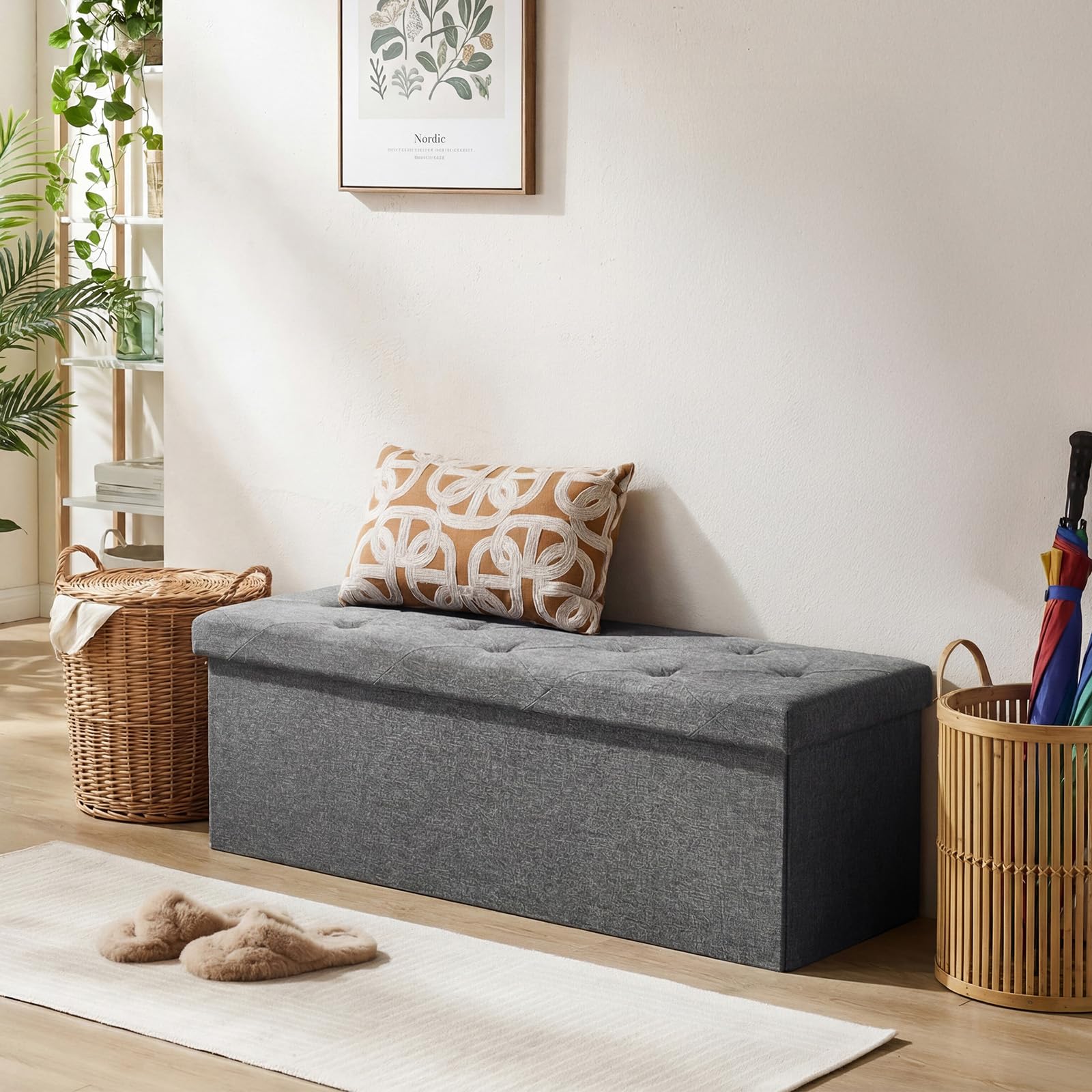 DUMOS ottoman bench lid open, reveals 154L of organized storage.