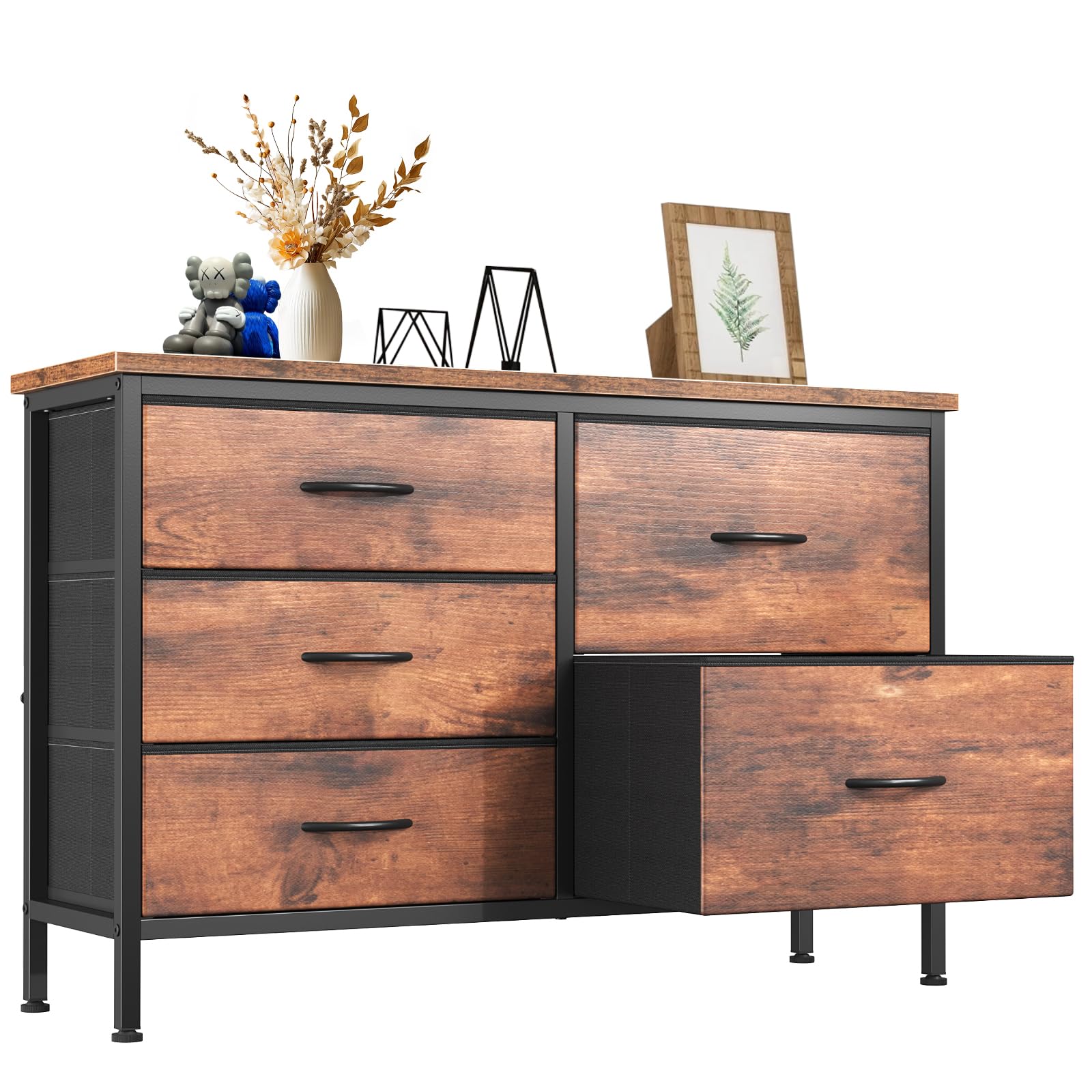 DUMOS TV stand in rust finish, ideal for bedroom media setup.