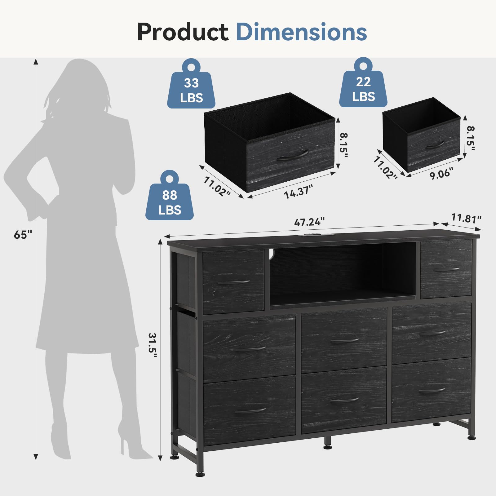 DUMOS TV Stand Dresser featuring 8 fabric drawers for organized storage