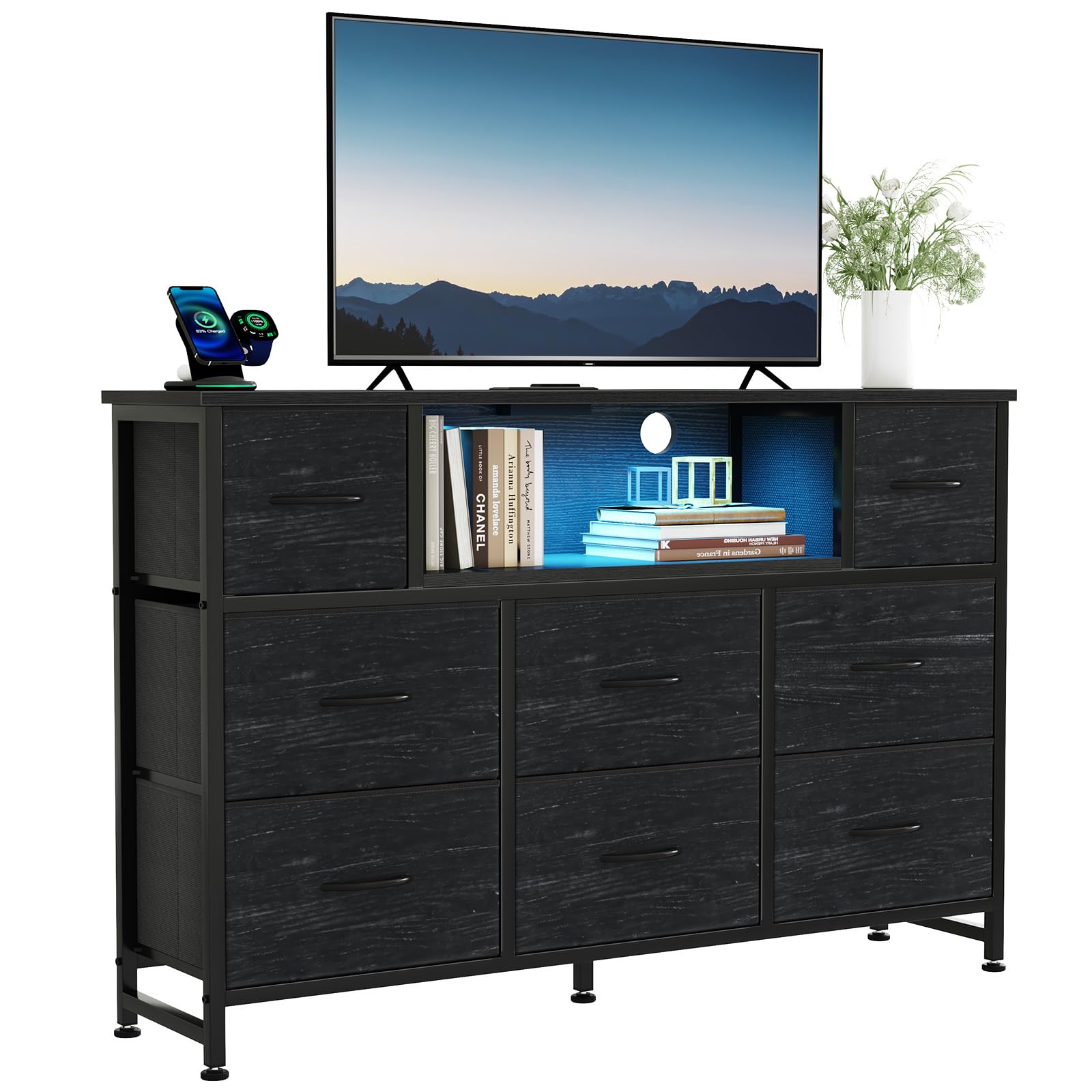 DUMOS TV Stand Dresser with LED lights for mood-enhancing ambience and media use