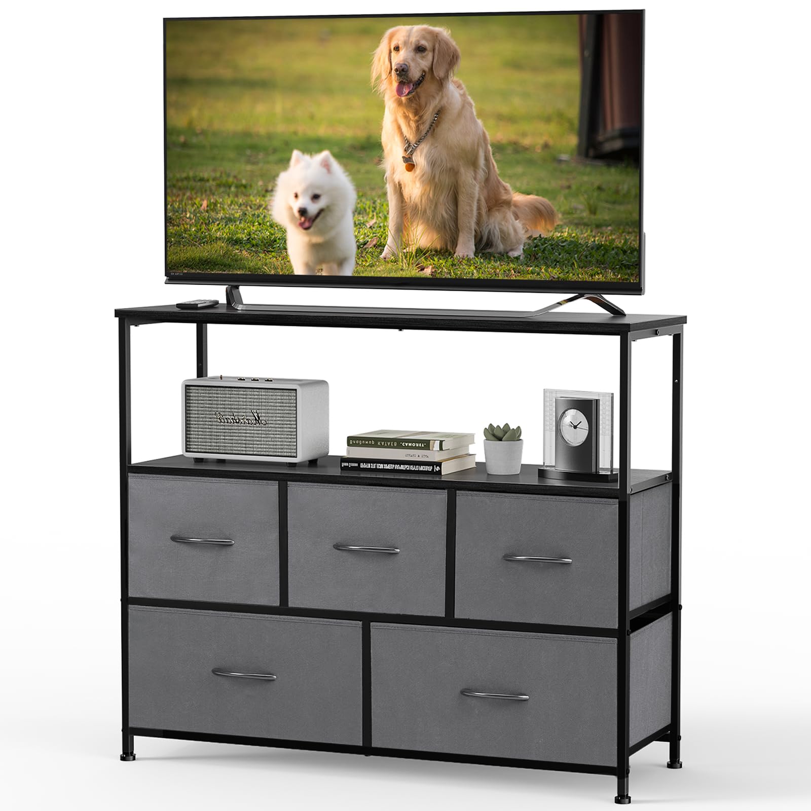 DUMOS gray TV stand with open shelf for media devices and cables organized